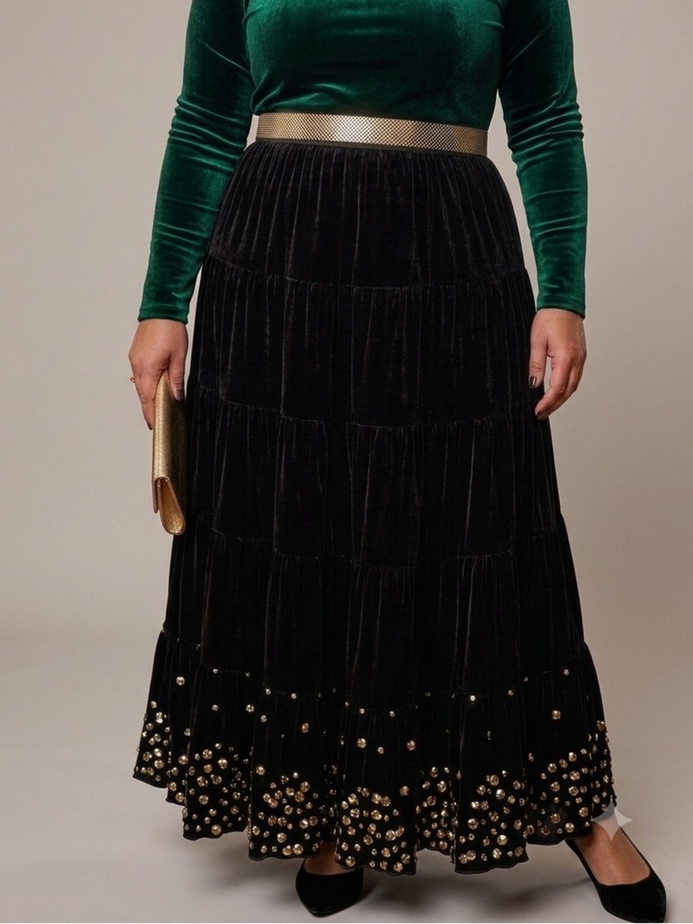 NWT INC Silk Blend Velvet Tiered Maxi Skirt Adorned With Sequins Black Size 16